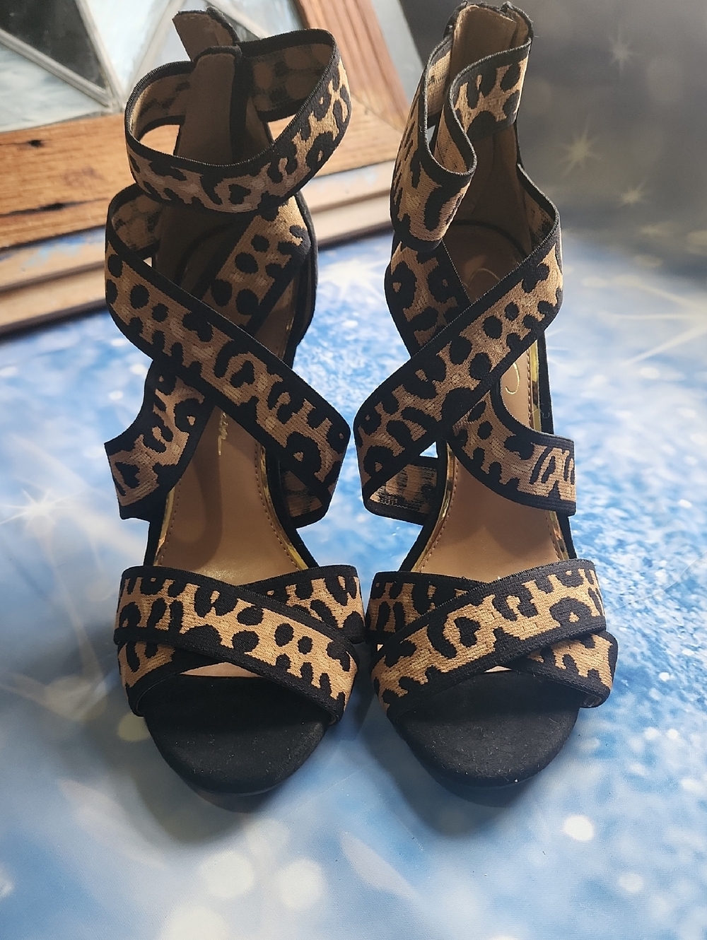 Jessica Simpson Leopard Print Crisscross High Heel Sandals - Tan & Black